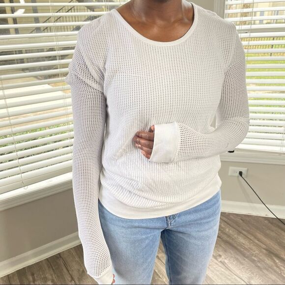 Revolve LACAUSA Open Weave Henley Scoop Neck Sweater Top - Picture 3 of 13